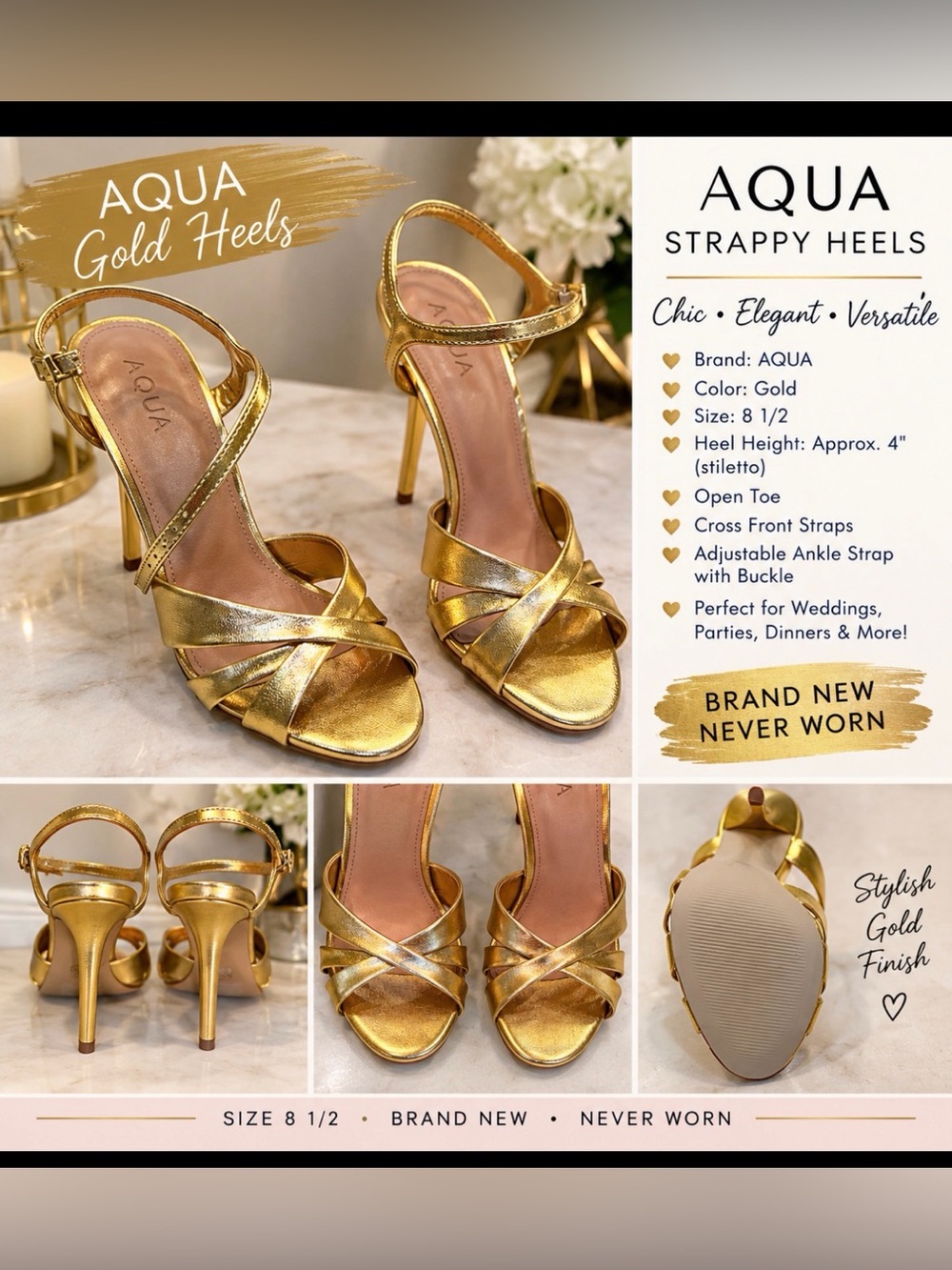 AQUA Strappy Heels Gold US 8 1/2 NWT